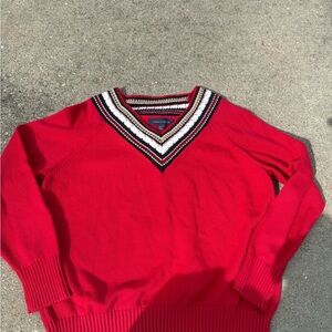 Tommy Hilfiger Red V-Neck Sweater with Multi-Stripe Collar